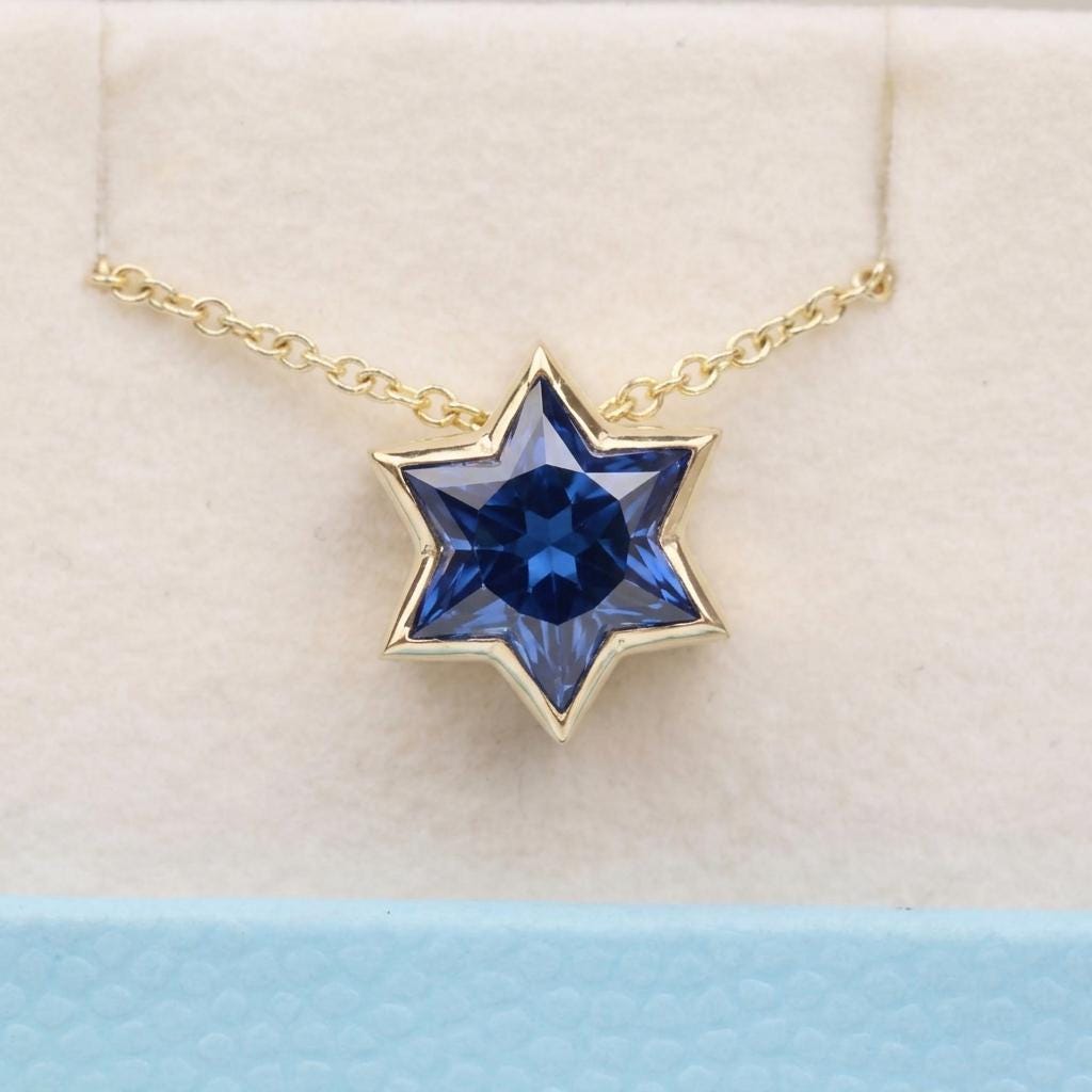 Bezel Set Pendant Magen David Jewish Star Charm: 1.25ct Sapphire Solitaire, Star Necklace in Solid Yellow Gold