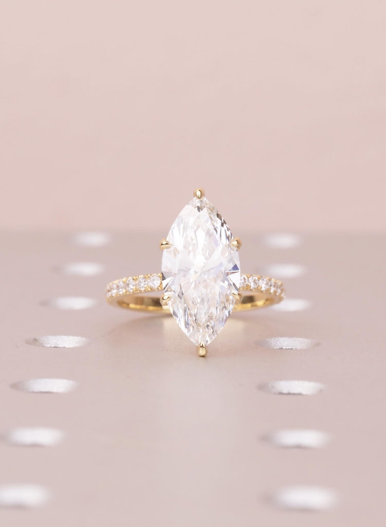 Marquise Moissanite Engagement Ring, 18K Yellow Gold, Hidden Halo Diamond Half Eternity Band, Bridal Unique Wedding Ring Anniversary Gift image #8