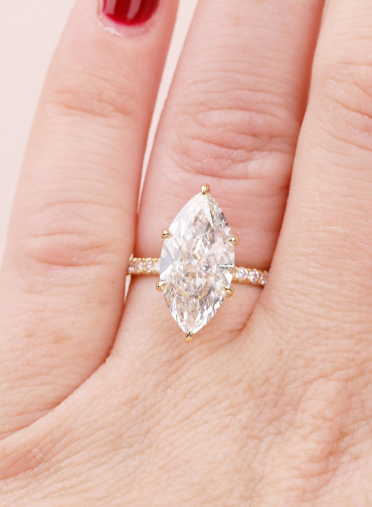 Marquise Moissanite Engagement Ring, 18K Yellow Gold, Hidden Halo Diamond Half Eternity Band, Bridal Unique Wedding Ring Anniversary Gift image #15