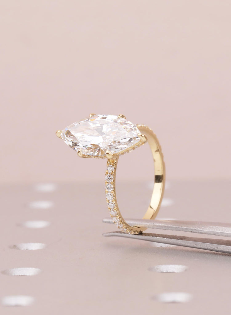 Marquise Lab Diamond Engagement Ring East West Gold, Hidden Halo Ring for Her, Unique Anniversary Ring, Dainty Half Eternity Diamond Jewelry image #9