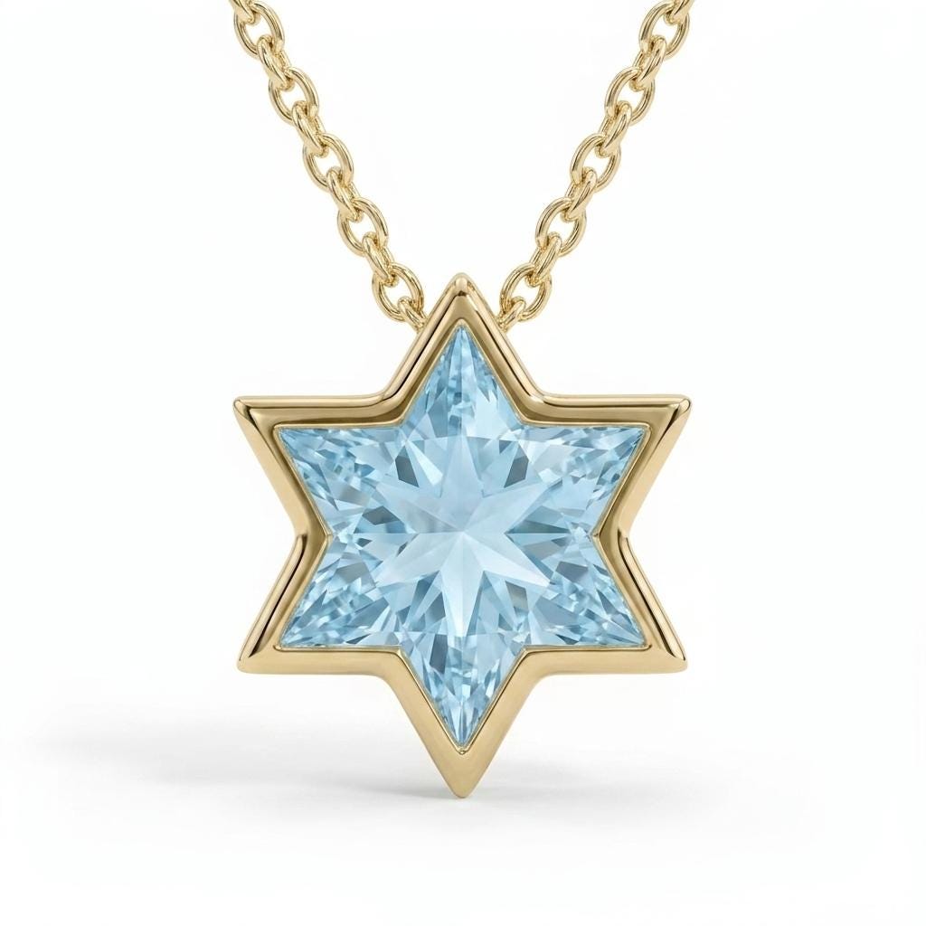 Bezel Set Pendant Magen David Jewish Star Charm: 1.25ct Sky Blue Aquamarine Solitaire, Star Necklace in Solid Yellow Gold image #3
