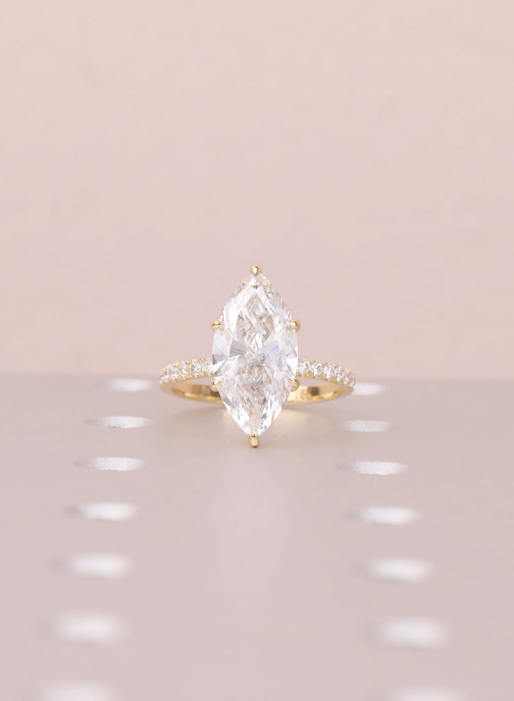 Marquise Lab Diamond Engagement Ring East West Gold, Hidden Halo Ring for Her, Unique Anniversary Ring, Dainty Half Eternity Diamond Jewelry