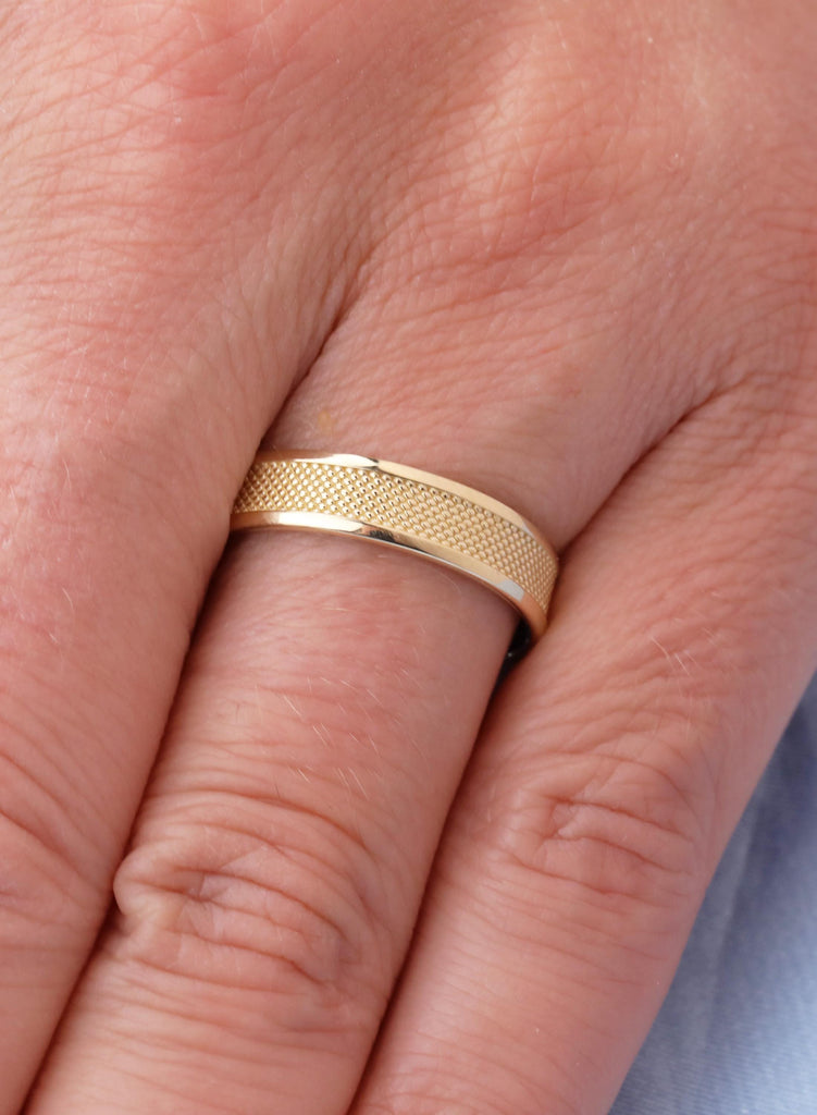 5mm Men's Wedding Band, 14K Yellow Gold, Knurled Textured Ring, Comfort Fit Engagement Band