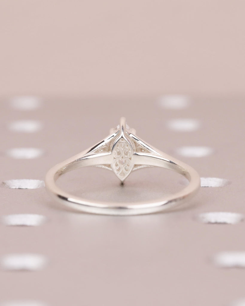 Silver Heirloom Lab Diamond Engagement Ring, Marquise Cut Victorian Filigree Band, Antique Proposal Ring, Women's Wedding Anniversary Ring image #8