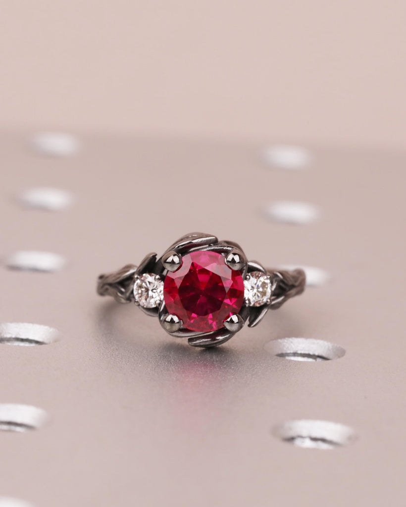 Round Red Ruby 14K Black Gold Promise Ring | Nature Inspired Forest Leaves Motif Engagement Ring | Custom Wedding Anniversary Ring for Her