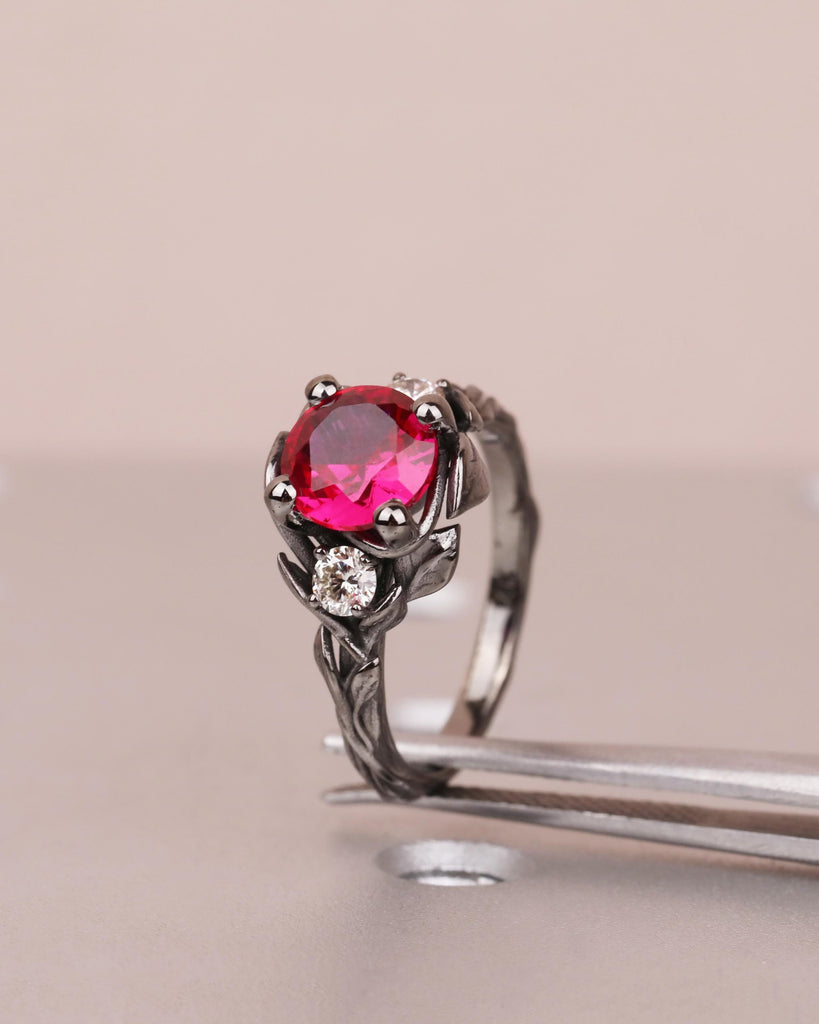Floral Twig Leaf Ruby Engagement Ring: 14k Black Gold, Nature Inspired, Black Forest Gothic Bridal Ring for Women