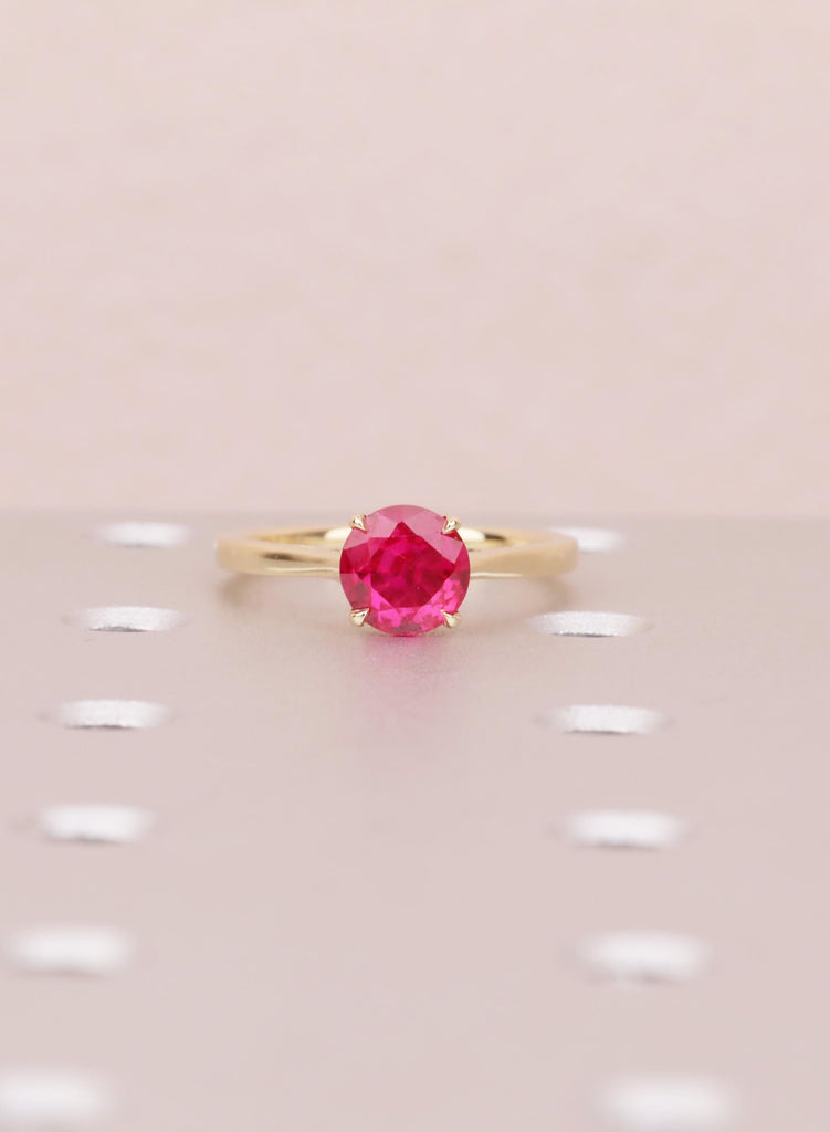 Ruby Engagement Ring, Dainty 14k Yellow Gold Solitaire Ring, Vintage Handmade Ring for Women, Lab Grown Ruby Filigree Ring, July Birthstone image #3
