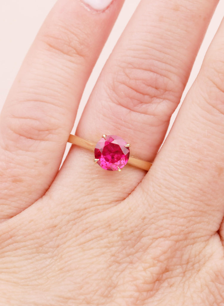 Ruby Rings For Woman: Round Lab Ruby, 14K Yellow Gold, Filigree Settings, July Birthstone image #14
