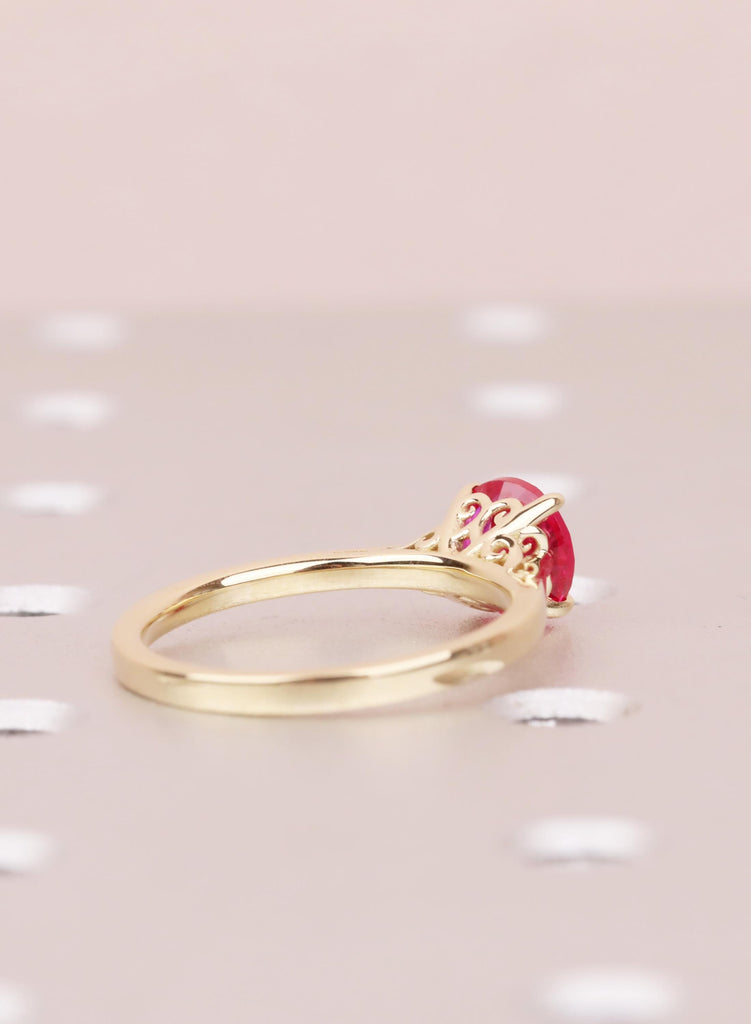 Ruby Rings For Woman: Round Lab Ruby, 14K Yellow Gold, Filigree Settings, July Birthstone image #6
