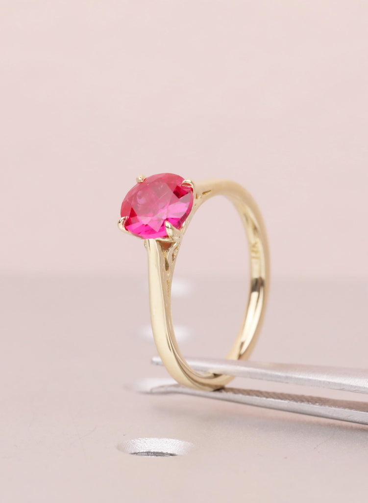 Ruby Engagement Ring, Dainty 14k Yellow Gold Solitaire Ring, Vintage Handmade Ring for Women, Lab Grown Ruby Filigree Ring, July Birthstone image #4