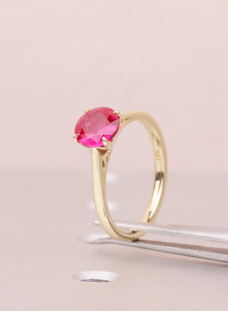 Ruby Rings For Woman: Round Lab Ruby, 14K Yellow Gold, Filigree Settings, July Birthstone image #4