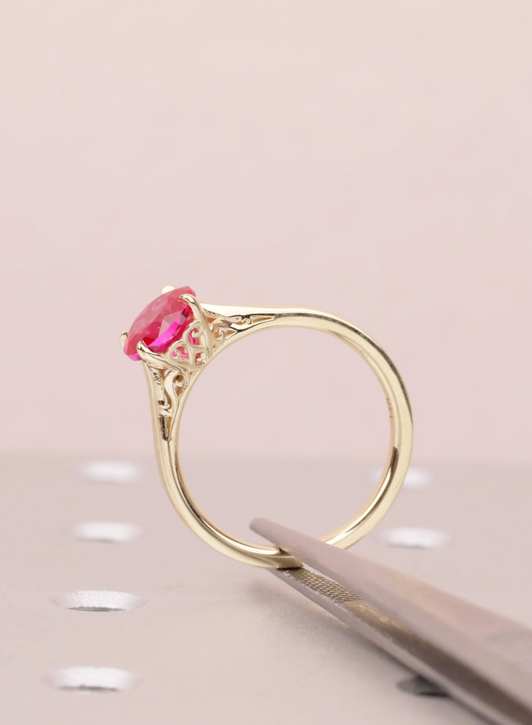 Ruby Engagement Ring, Dainty 14k Yellow Gold Solitaire Ring, Vintage Handmade Ring for Women, Lab Grown Ruby Filigree Ring, July Birthstone image #11