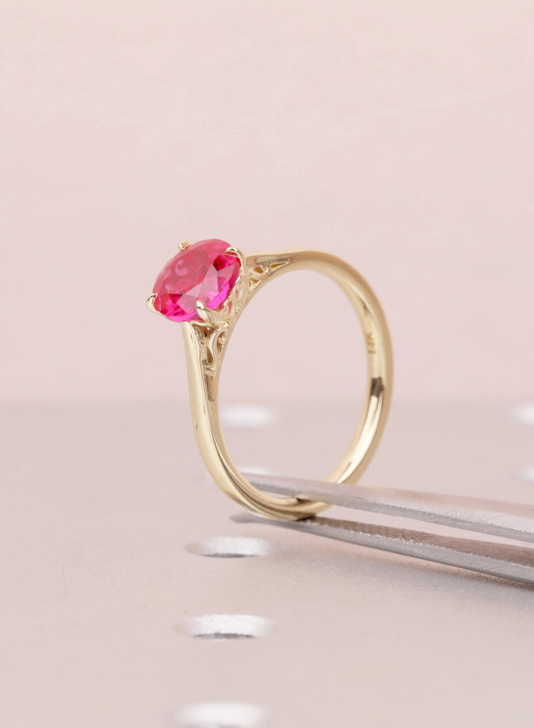 Ruby Engagement Ring, Dainty 14k Yellow Gold Solitaire Ring, Vintage Handmade Ring for Women, Lab Grown Ruby Filigree Ring, July Birthstone image #8
