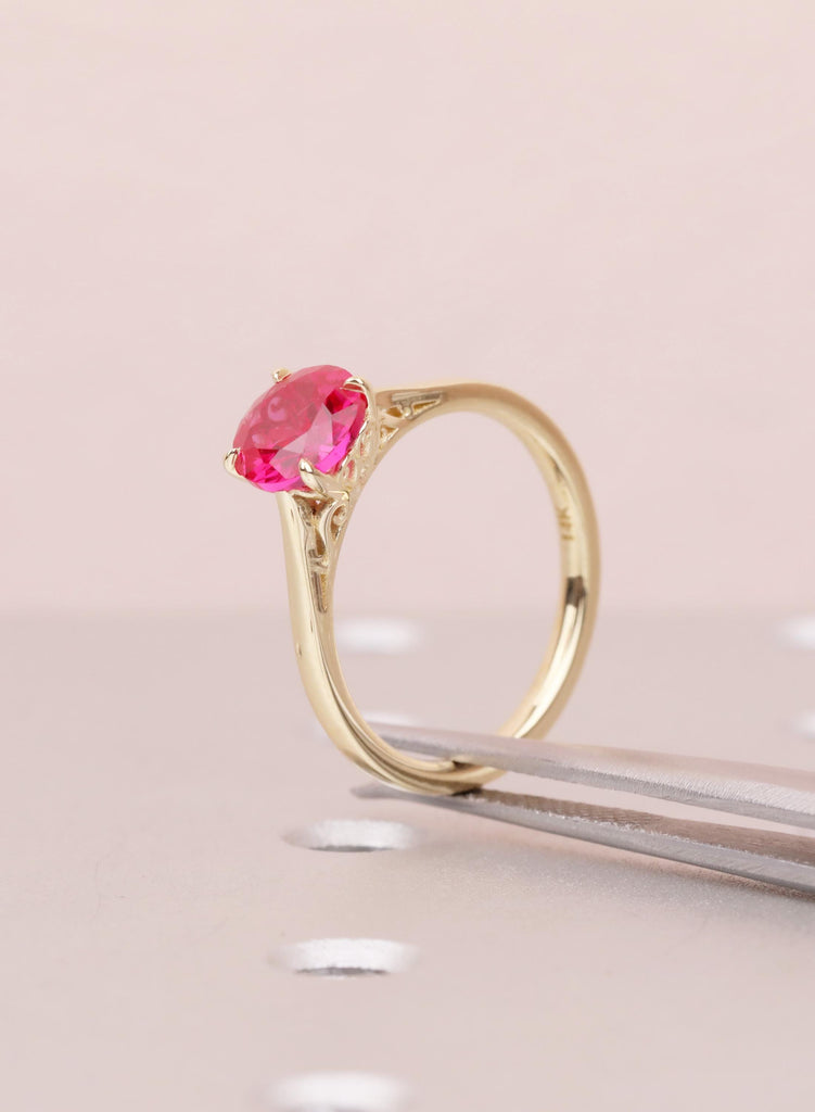 Ruby Rings For Woman: Round Lab Ruby, 14K Yellow Gold, Filigree Settings, July Birthstone image #8