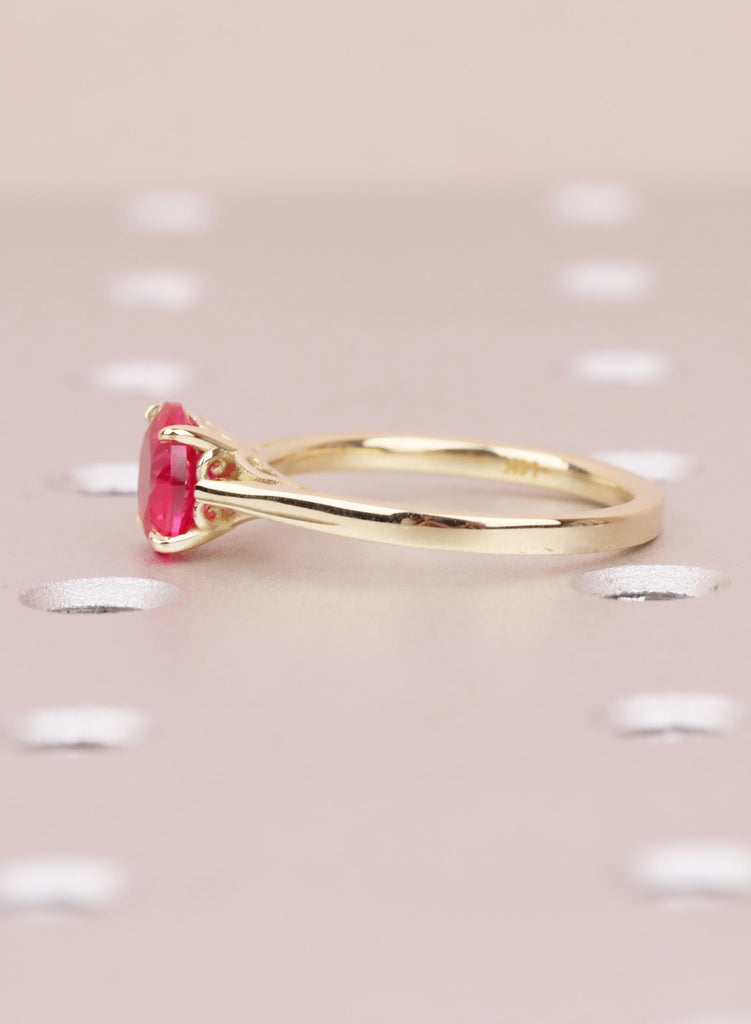 Ruby Engagement Ring, Dainty 14k Yellow Gold Solitaire Ring, Vintage Handmade Ring for Women, Lab Grown Ruby Filigree Ring, July Birthstone image #10