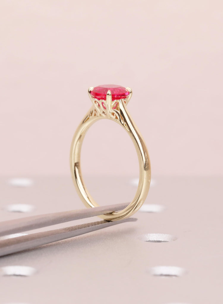 Ruby Engagement Ring, Dainty 14k Yellow Gold Solitaire Ring, Vintage Handmade Ring for Women, Lab Grown Ruby Filigree Ring, July Birthstone image #17