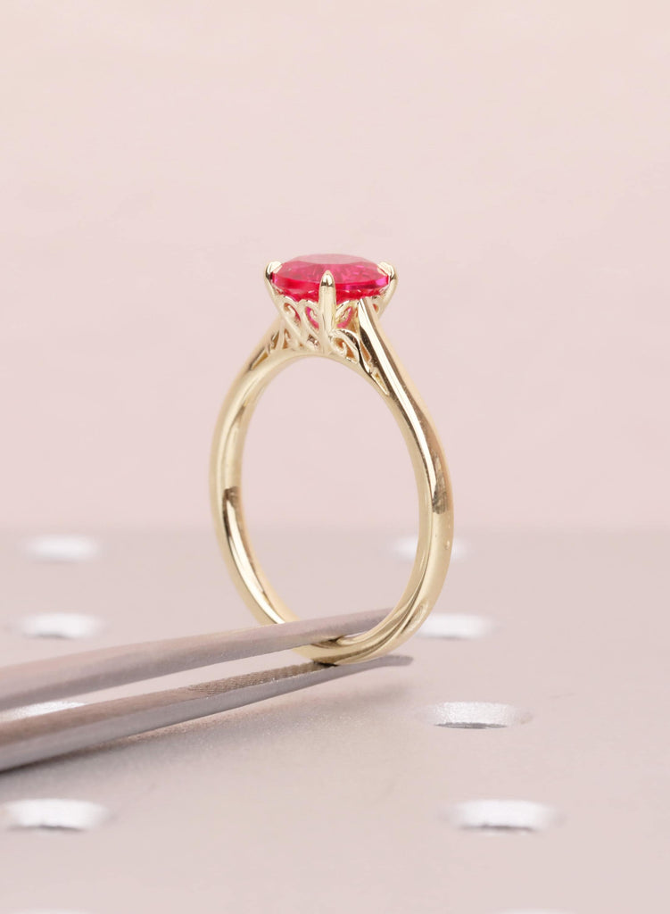 Ruby Rings For Woman: Round Lab Ruby, 14K Yellow Gold, Filigree Settings, July Birthstone image #17