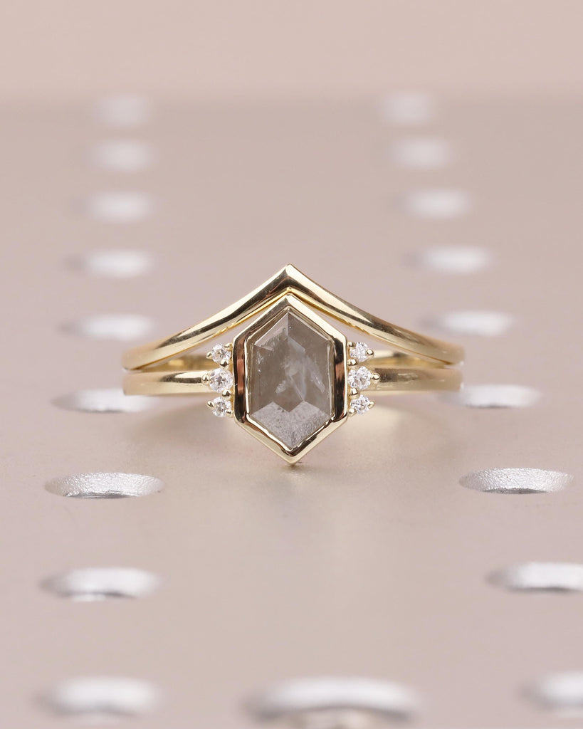 14k Solid Gold Bezel Set Ring, Salt and Pepper Diamond Engagement Ring with Lab Grown Diamond Accents, Hexagon Cut Ring, Anniversary Ring image #9