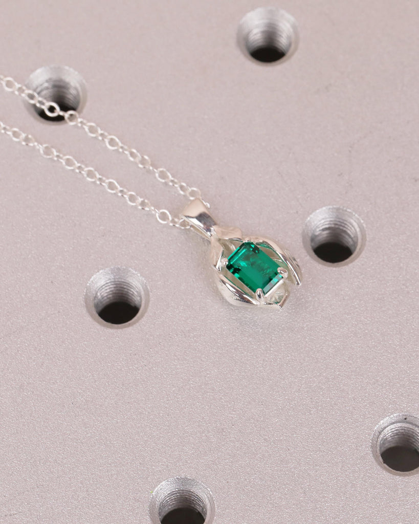 Emerald Gemstone Pendant, Sterling Silver Birthstone Necklace, Leaf Nature Jewelry image #8