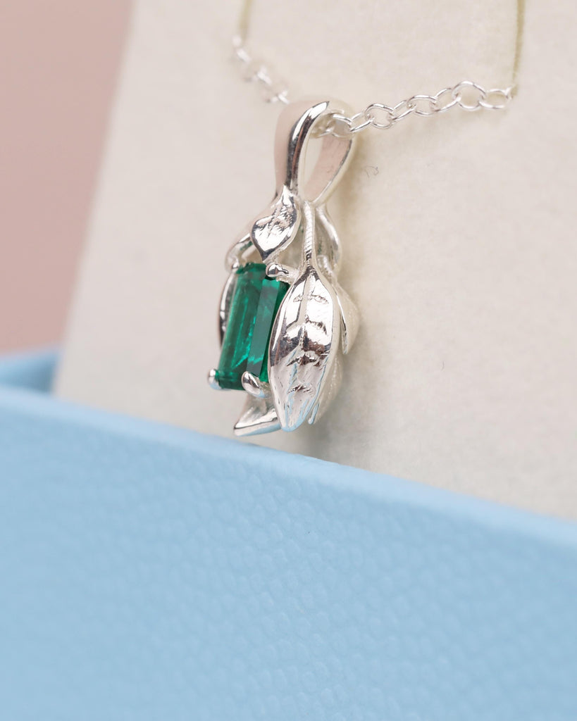 Emerald Gemstone Pendant, Sterling Silver Birthstone Necklace, Leaf Nature Jewelry image #4