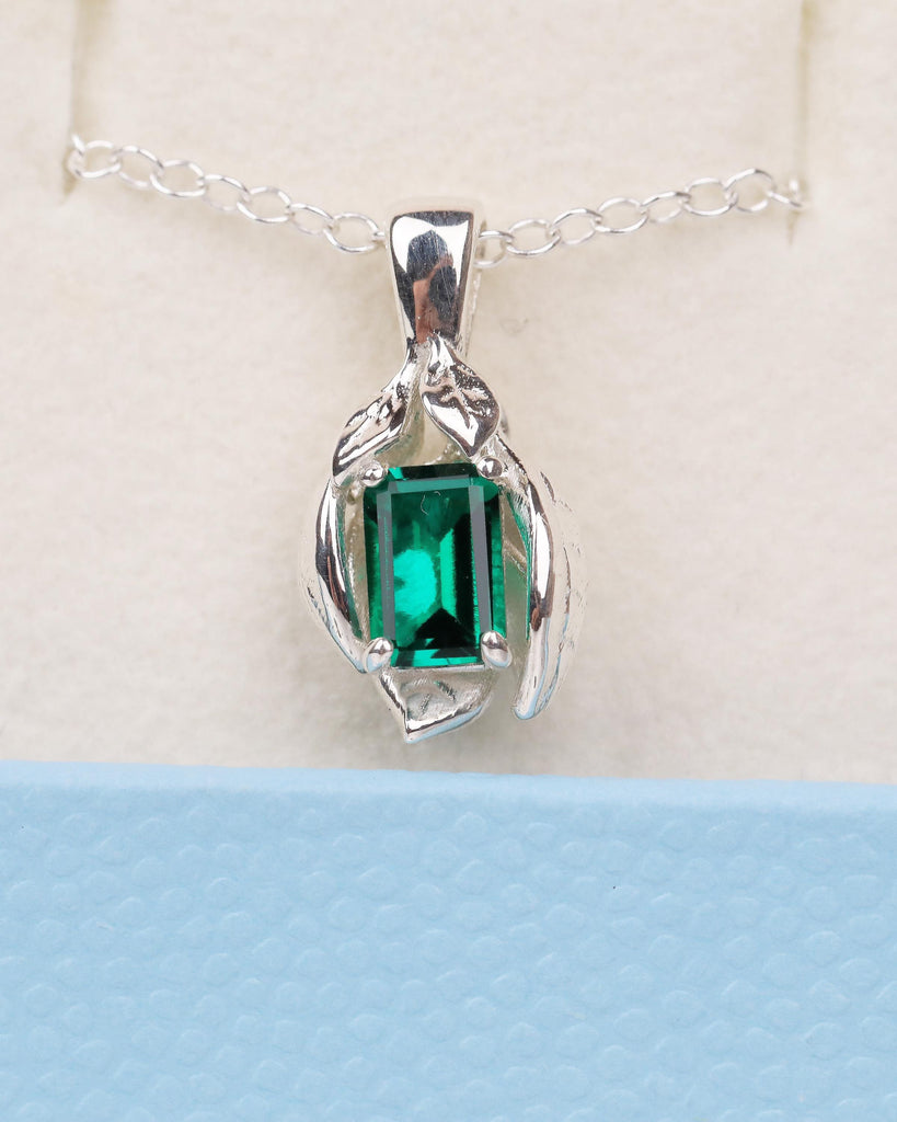 Emerald Gemstone Pendant, Sterling Silver Birthstone Necklace, Leaf Nature Jewelry image #9