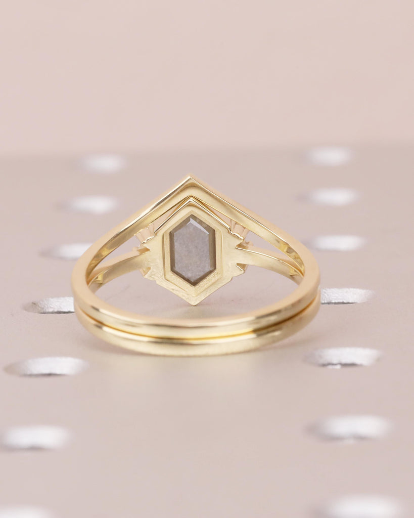 14k Solid Gold Bezel Set Ring, Salt and Pepper Diamond Engagement Ring with Lab Grown Diamond Accents, Hexagon Cut Ring, Anniversary Ring image #7