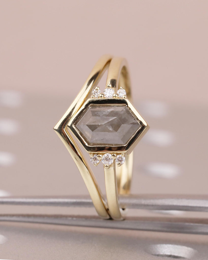 14k Solid Gold Bezel Set Ring, Salt and Pepper Diamond Engagement Ring with Lab Grown Diamond Accents, Hexagon Cut Ring, Anniversary Ring image #10