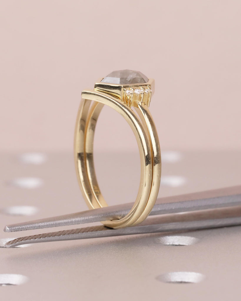 14k Solid Gold Bezel Set Ring, Salt and Pepper Diamond Engagement Ring with Lab Grown Diamond Accents, Hexagon Cut Ring, Anniversary Ring image #8