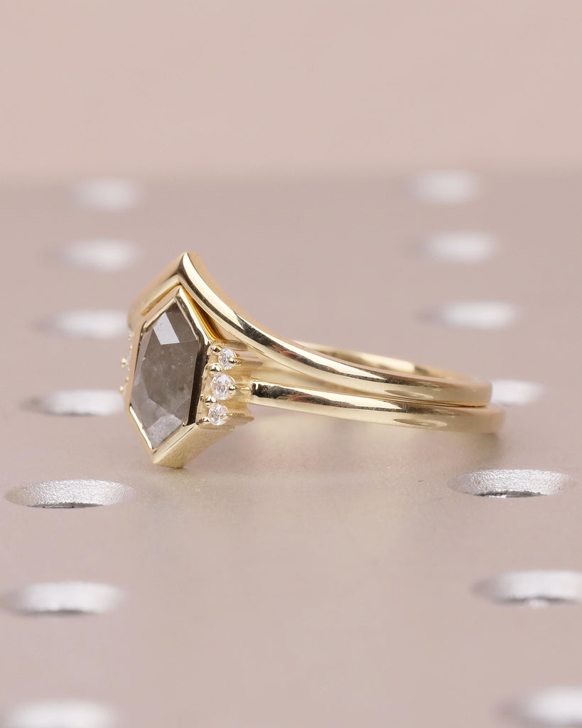 14k Solid Gold Bezel Set Ring, Salt and Pepper Diamond Engagement Ring with Lab Grown Diamond Accents, Hexagon Cut Ring, Anniversary Ring image #3