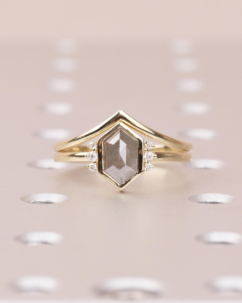 14k Solid Gold Bezel Set Ring, Salt and Pepper Diamond Engagement Ring with Lab Grown Diamond Accents, Hexagon Cut Ring, Anniversary Ring image #2