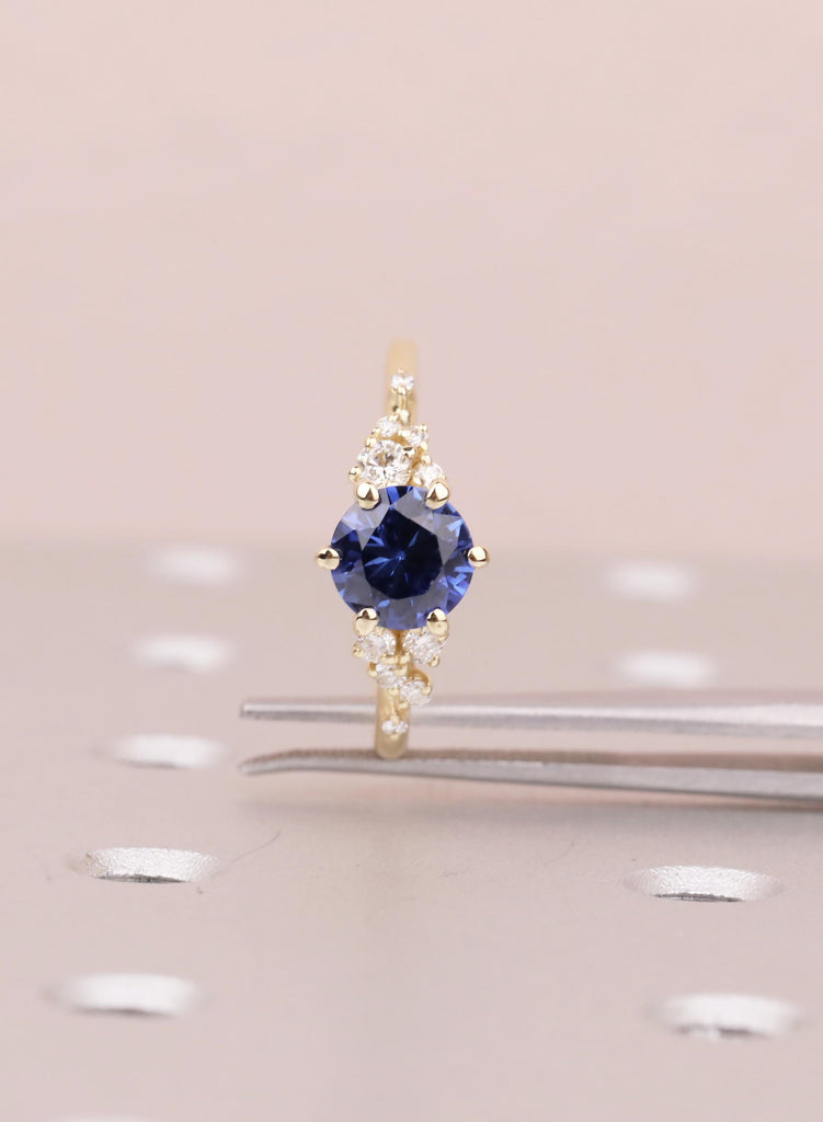Vintage Blue Sapphire 14K Yellow Gold Engagement Rings, Unique Snowdrift 6 Prong Diamond Cluster Promise Ring, September Birthstone Ring image #10