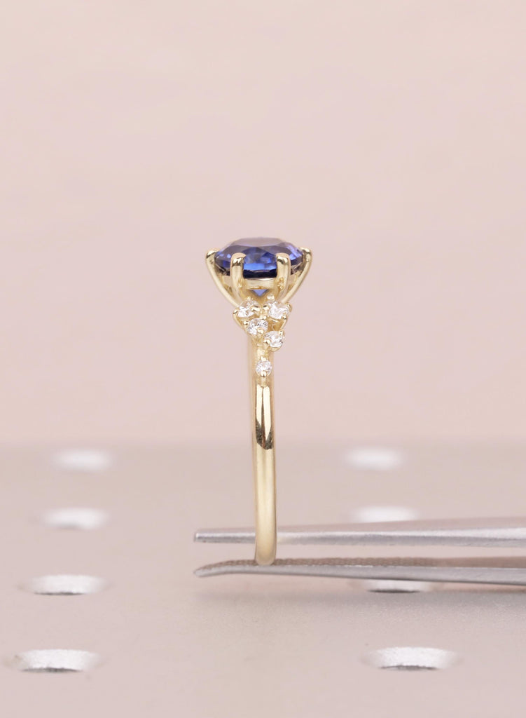 Vintage Blue Sapphire 14K Yellow Gold Engagement Rings, Unique Snowdrift 6 Prong Diamond Cluster Promise Ring, September Birthstone Ring image #15