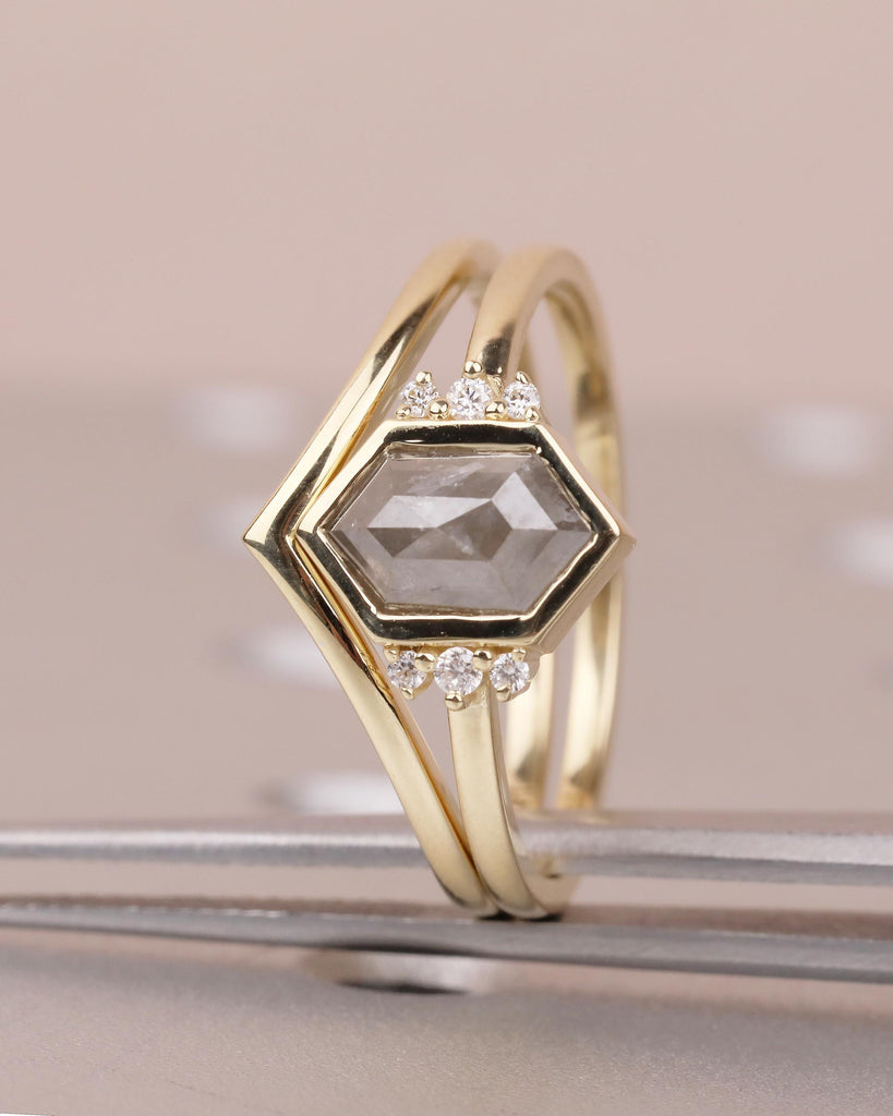 14k Solid Gold Bezel Set Ring, Salt and Pepper Diamond Engagement Ring with Lab Grown Diamond Accents, Hexagon Cut Ring, Anniversary Ring image #1