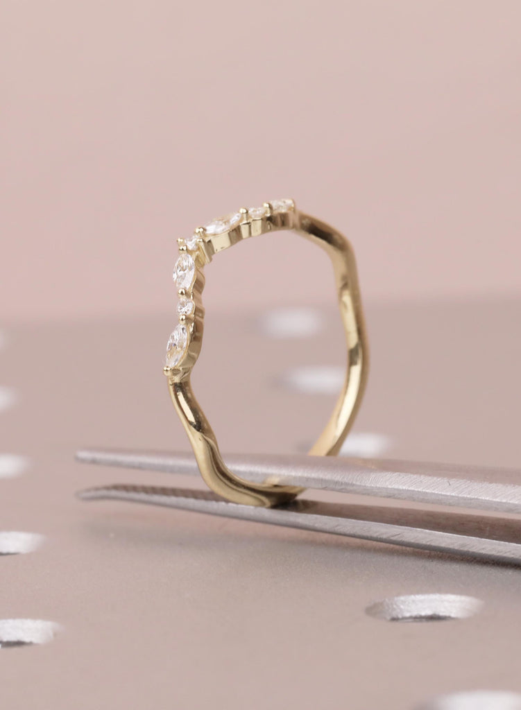 Diamond Wedding Band, Curved 14K Yellow Gold Matching Rings, Engraved Promise Ring image #11
