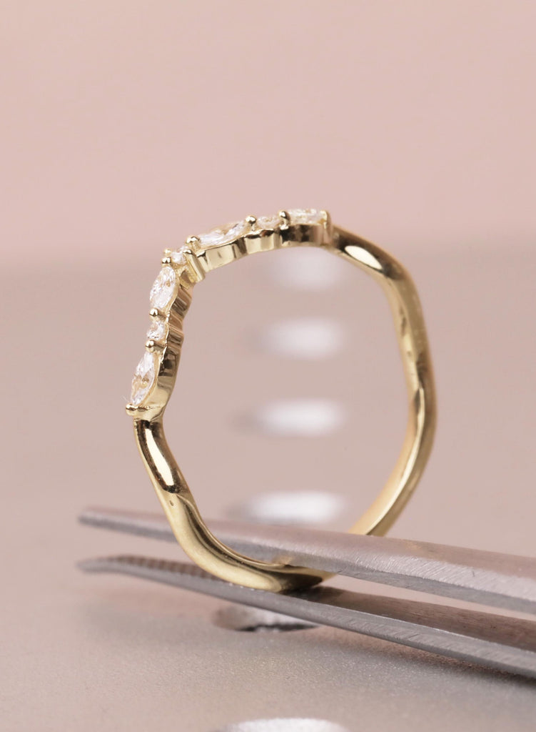 Diamond Wedding Band, Curved 14K Yellow Gold Matching Rings, Engraved Promise Ring image #8
