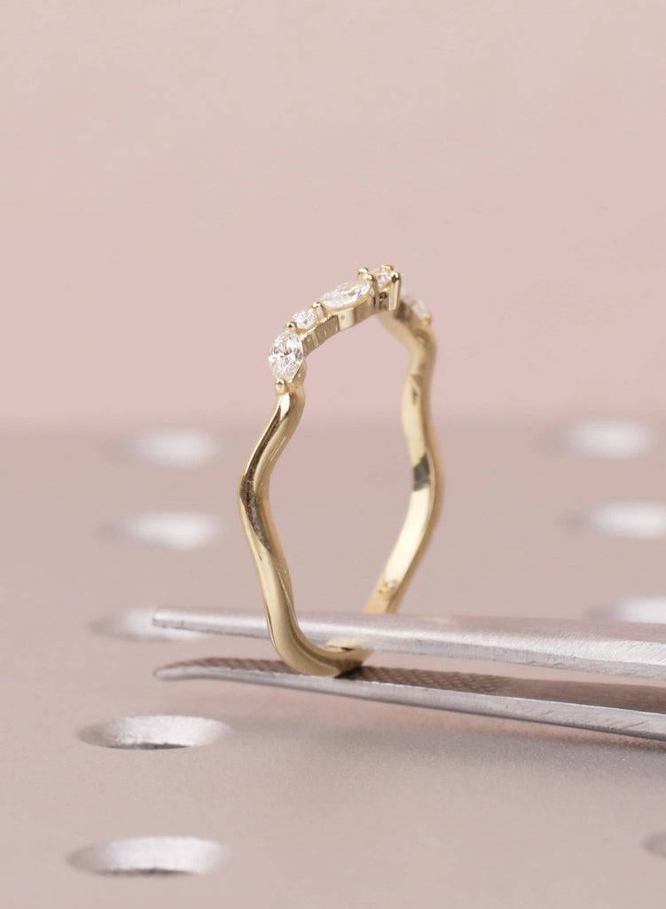 Curved 14K Gold Wedding Band with Marquise and Round Diamond, Dainty Stacking Ring for Women, Unique Matching Bridal Ring, Best Friend Rings image #13