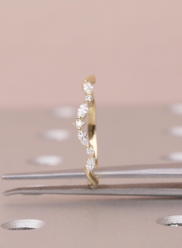 Curved 14K Gold Wedding Band with Marquise and Round Diamond, Dainty Stacking Ring for Women, Unique Matching Bridal Ring, Best Friend Rings image #5