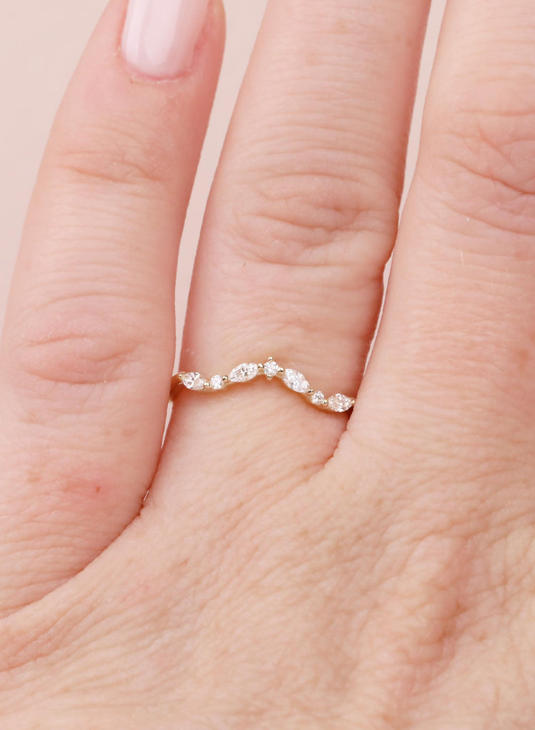 Curved 14K Gold Wedding Band with Marquise and Round Diamond, Dainty Stacking Ring for Women, Unique Matching Bridal Ring, Best Friend Rings image #9