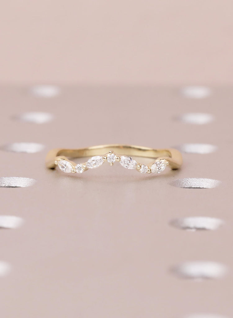 Curved 14K Gold Wedding Band with Marquise and Round Diamond, Dainty Stacking Ring for Women, Unique Matching Bridal Ring, Best Friend Rings image #2