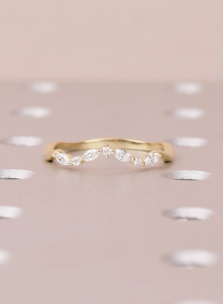 Diamond Wedding Band, Curved 14K Yellow Gold Matching Rings, Engraved Promise Ring image #3