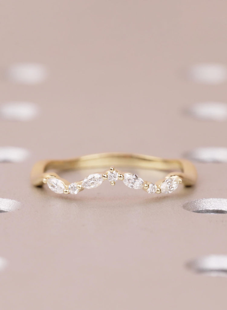 Diamond Wedding Band, Curved 14K Yellow Gold Matching Rings, Engraved Promise Ring image #2