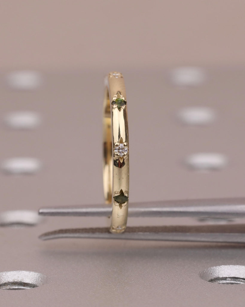 Tourmaline & Diamond Wedding Bands for Women | 14k Gold Unique Wedding Rings | Starburst Ring Celestial Jewelry | Anniversary Gift image #3