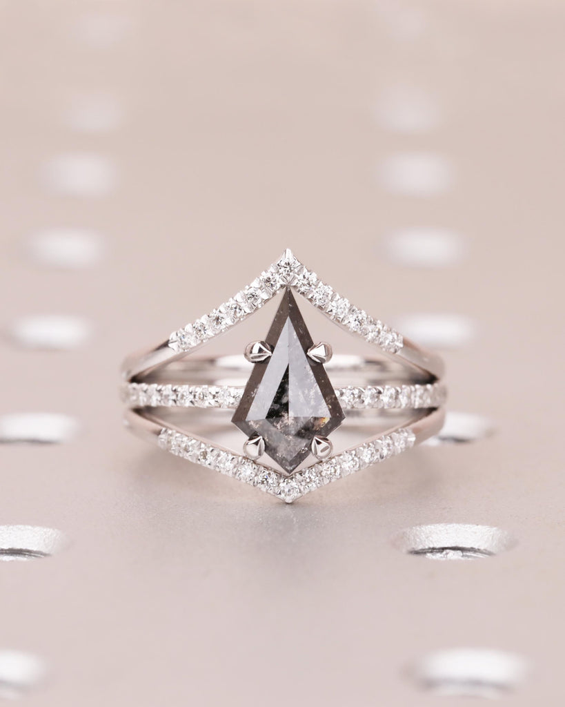 Kite Cut Diamond Engagement Ring Set, Galaxy Salt and Pepper Diamond Wedding Ring Set, Unique Geometric Diamond & Moissanite Bridal Ring Set