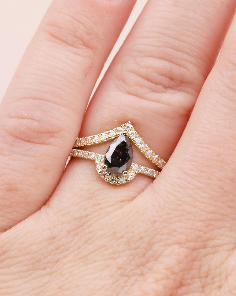 Pear Salt and Pepper Diamond Ring, Dainty 18k/14k Solid Gold Engagement Ring, Unique Bridal Ring Set for Women, Diamond Half Eternity Ring image #14