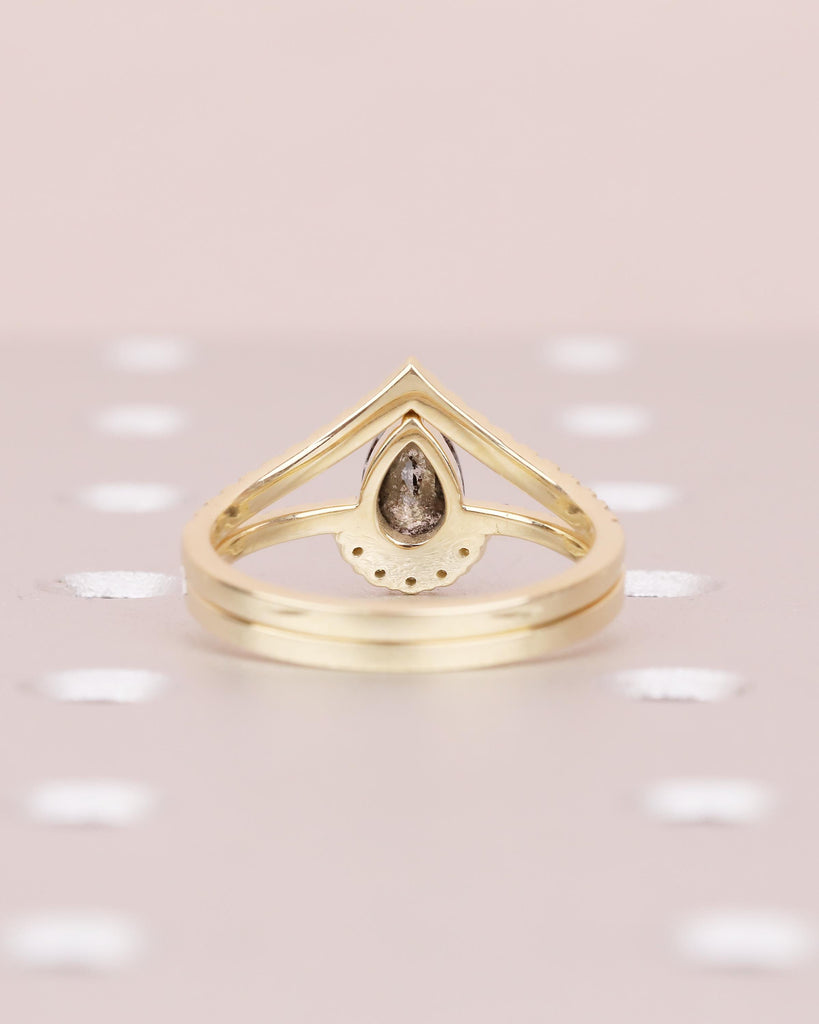 Art Deco Diamond Engagement Ring, 14k Yellow Gold Halo Salt and Pepper Ring, Promise Ring Set, Lab Diamond Chevron Band, Bridal Jewelry image #6