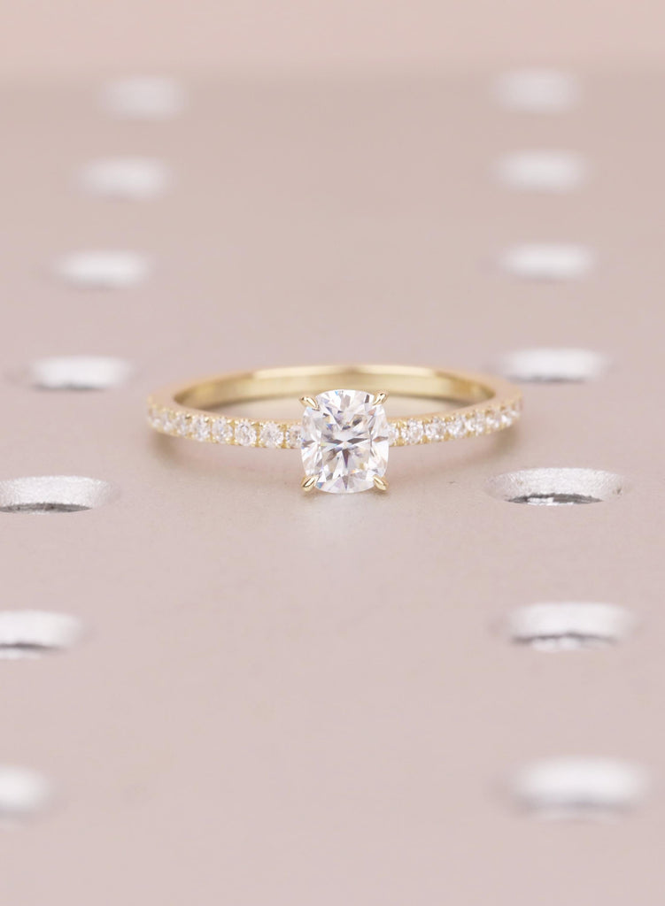 Minimalist Ring For Women, Lab Diamond Engagement Ring, Dainty Yellow Gold Pave Diamond Band image #5