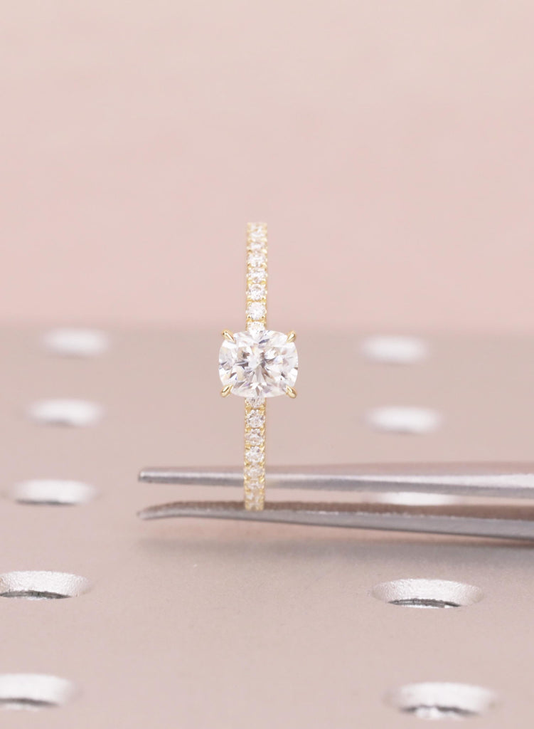 Minimalist Ring For Women, Lab Diamond Engagement Ring, Dainty Yellow Gold Pave Diamond Band image #12