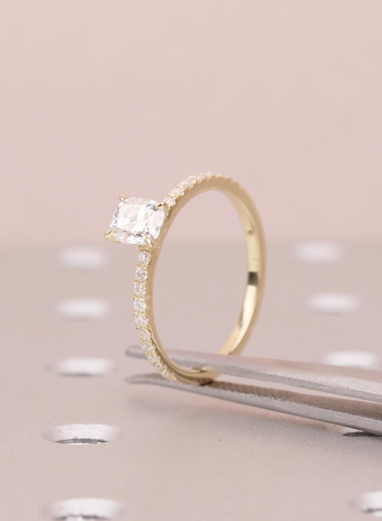Minimalist Ring For Women, Lab Diamond Engagement Ring, Dainty Yellow Gold Pave Diamond Band image #10