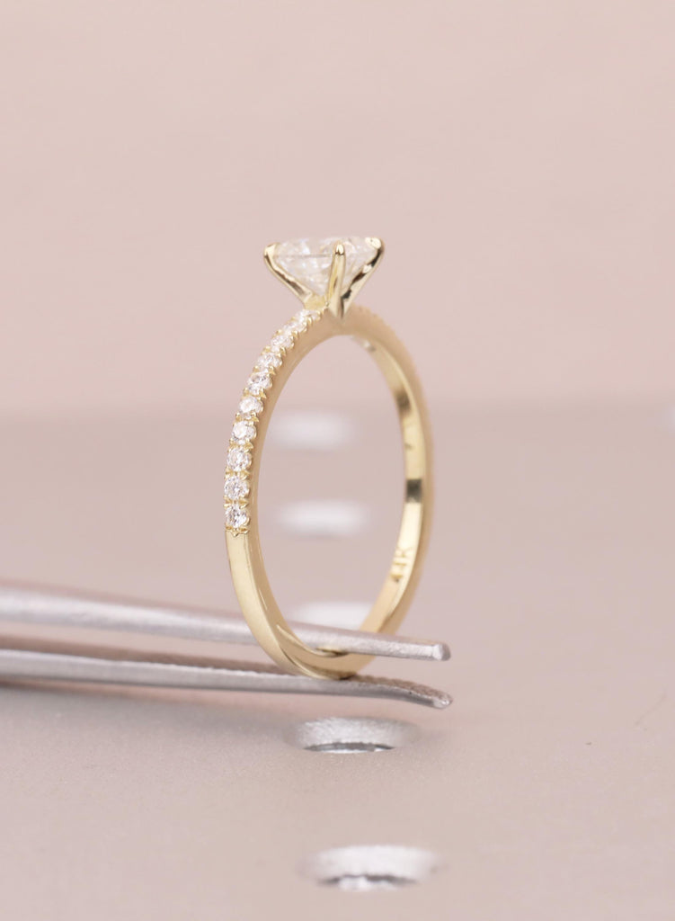 Minimalist Ring For Women, Lab Diamond Engagement Ring, Dainty Yellow Gold Pave Diamond Band image #1