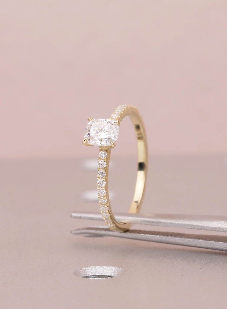 Minimalist Ring For Women, Lab Diamond Engagement Ring, Dainty Yellow Gold Pave Diamond Band image #2